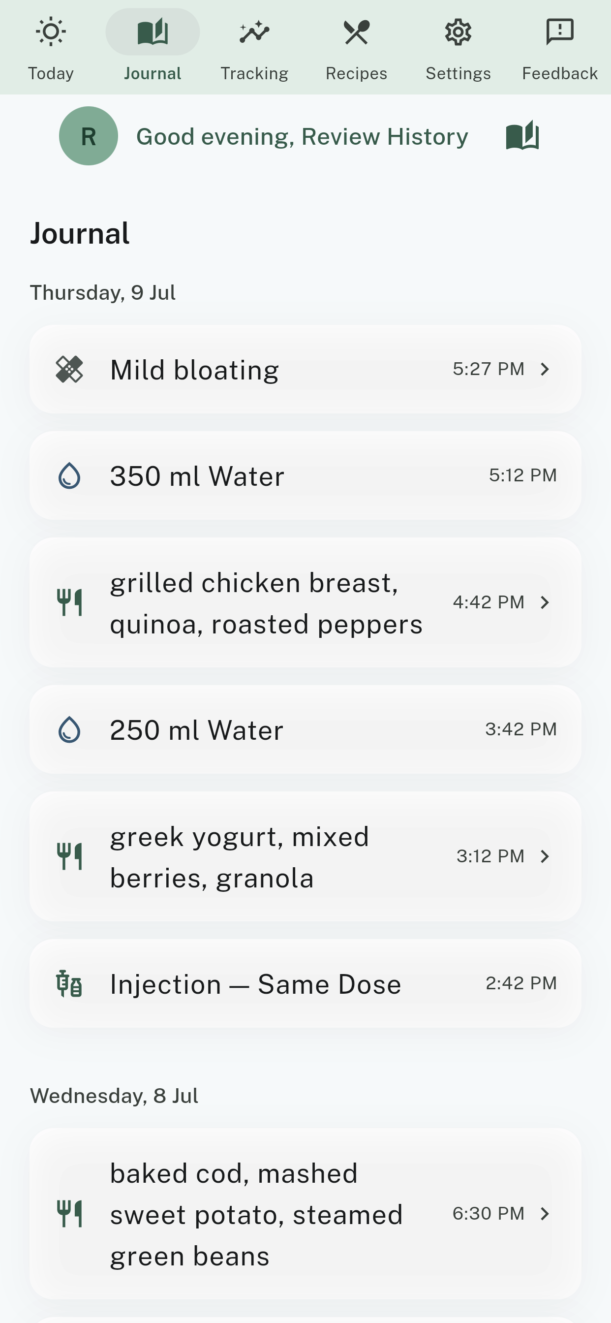 The Journal screen showing a day's meals, water and symptoms in one timeline