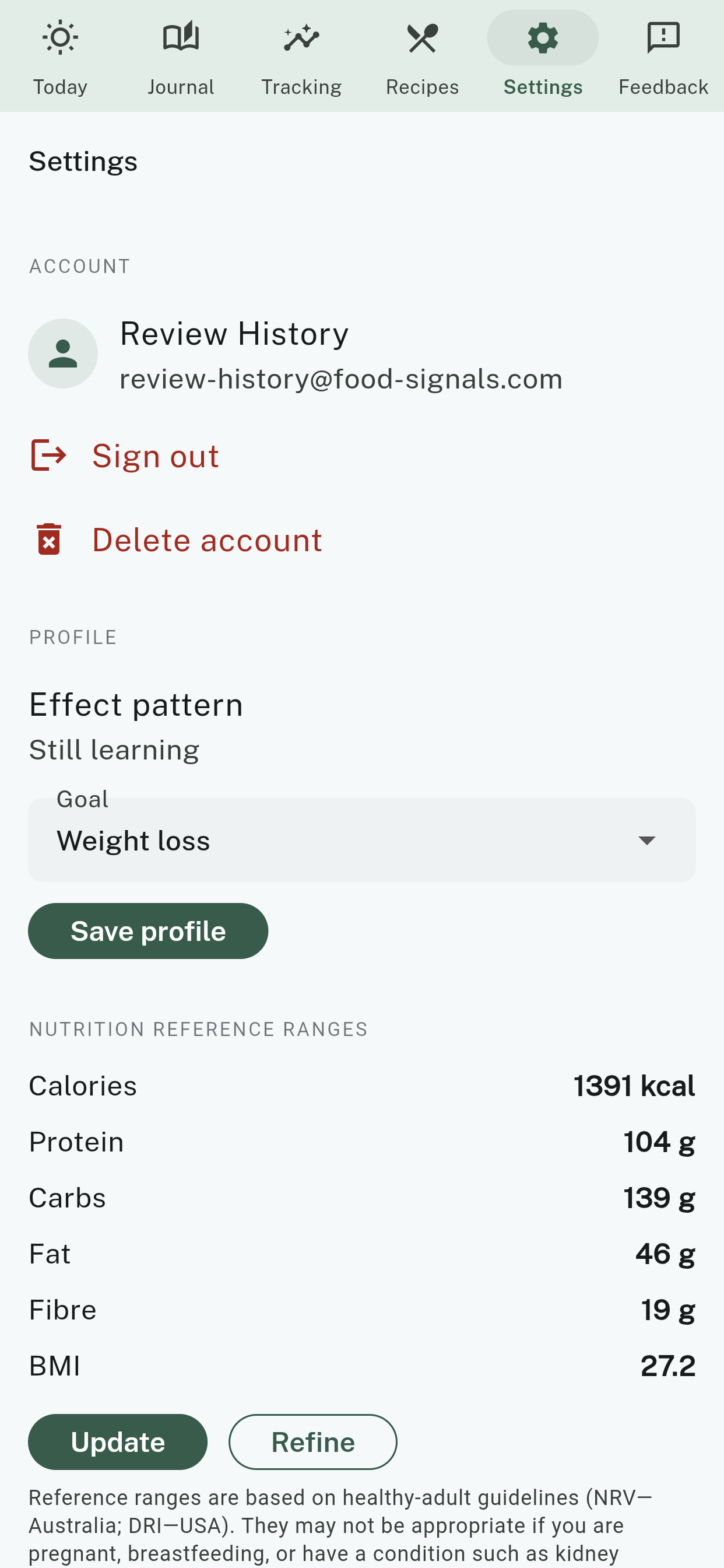 The Settings screen showing account details, goal, and nutrition reference ranges
