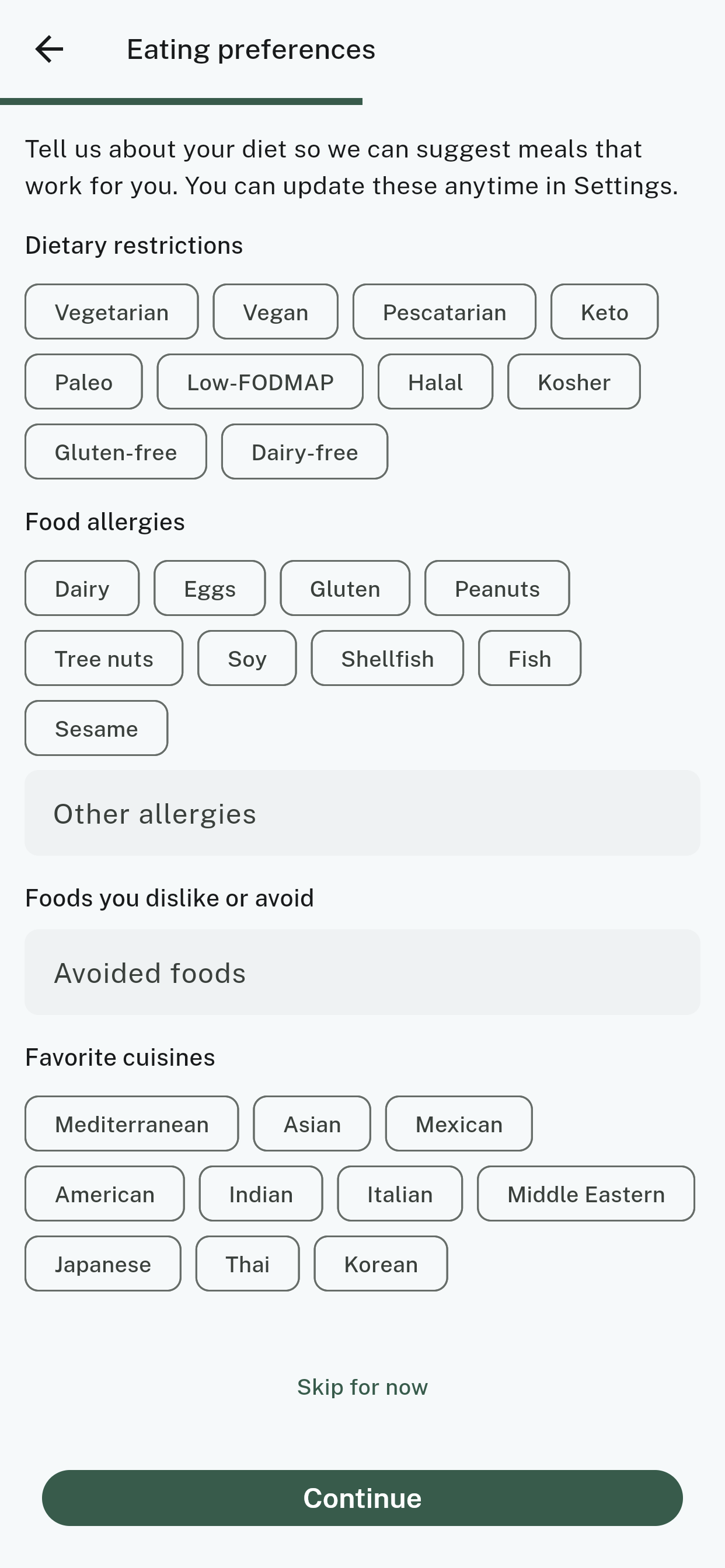 The Eating preferences screen with dietary restrictions, allergies, avoided foods and cuisines