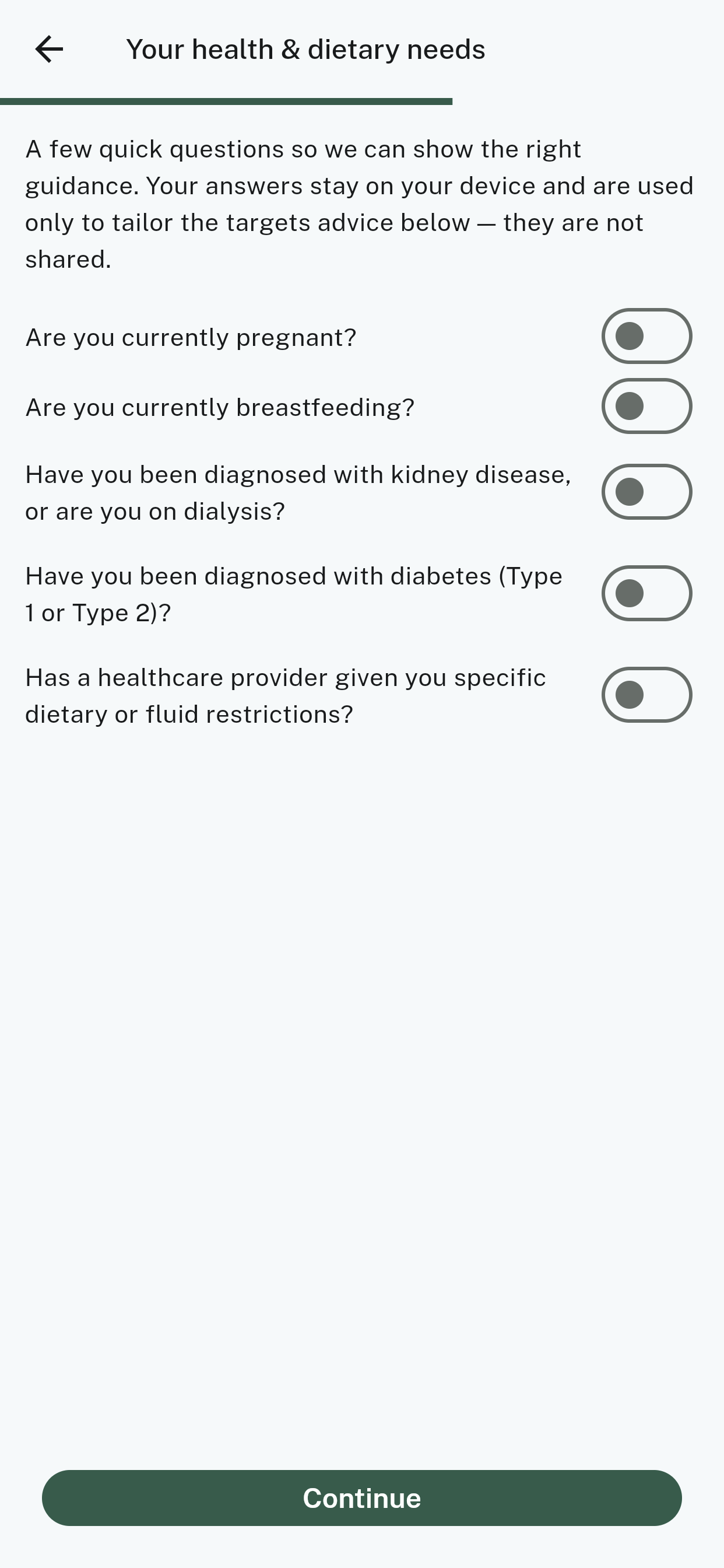 The health and dietary needs screen with five yes/no switches