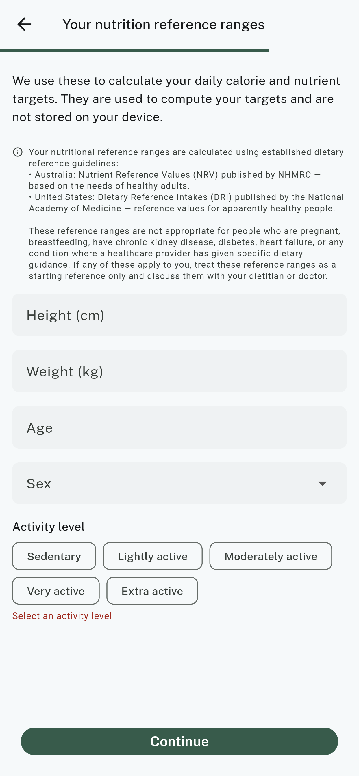 The nutrition reference ranges screen with fields for height, weight, age, sex and activity level
