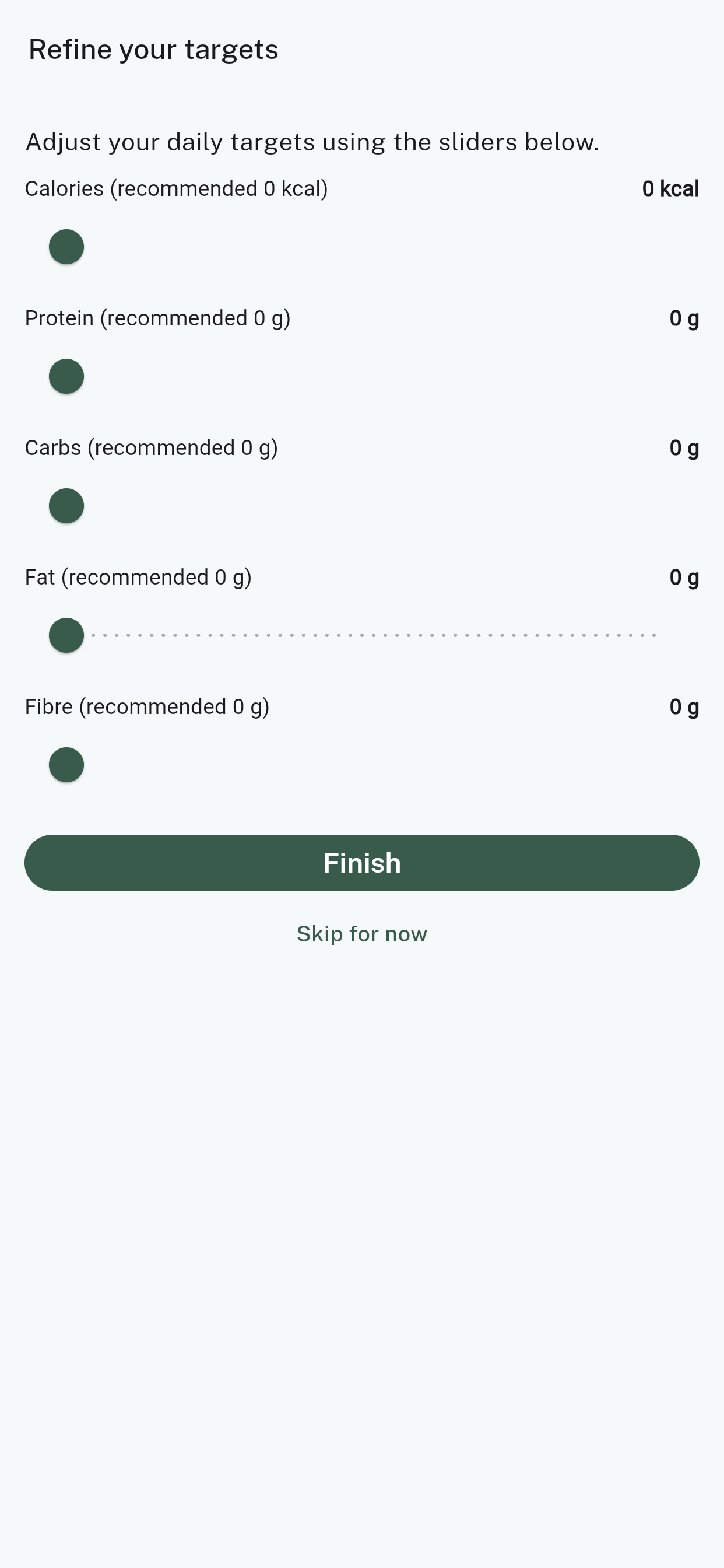 The refine-your-targets screen with sliders for calories, protein, carbs, fat and fibre